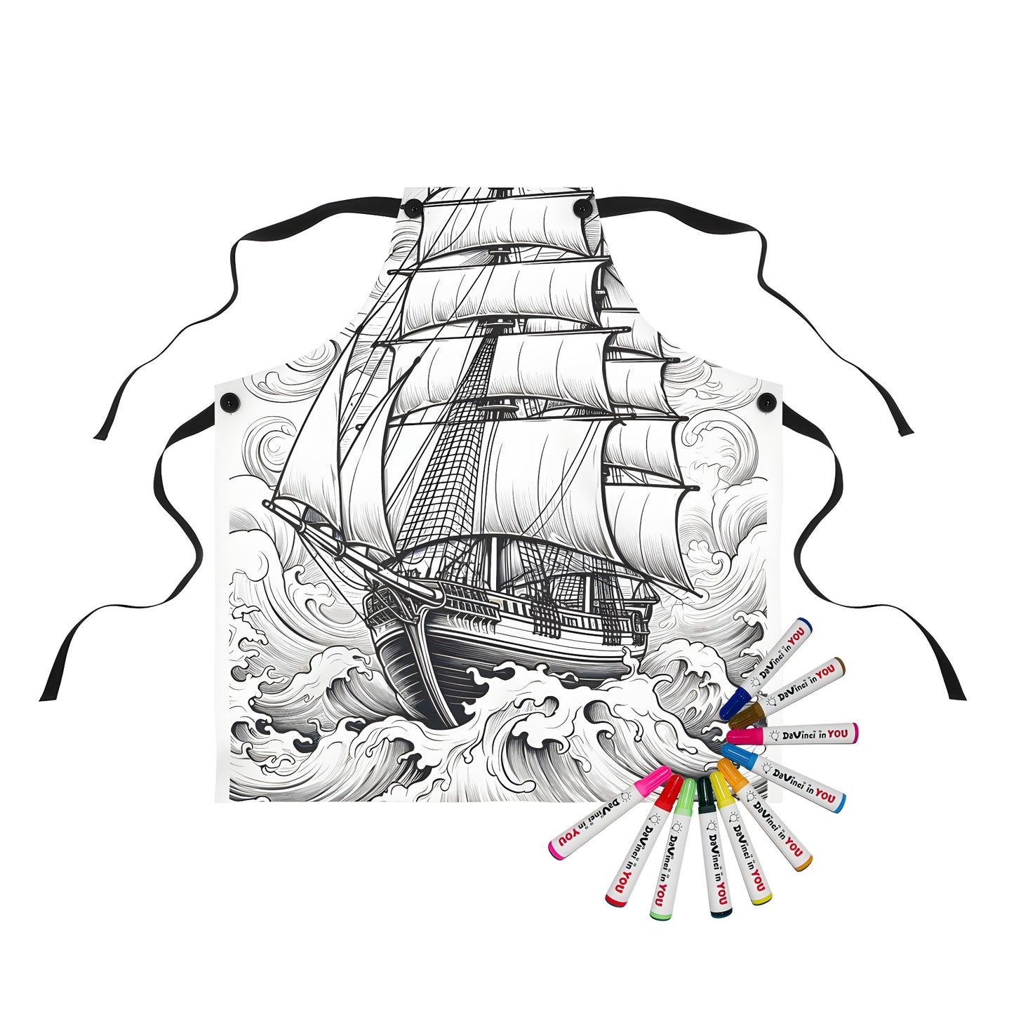 Intricate nautical sailboat illustration on colorful apron