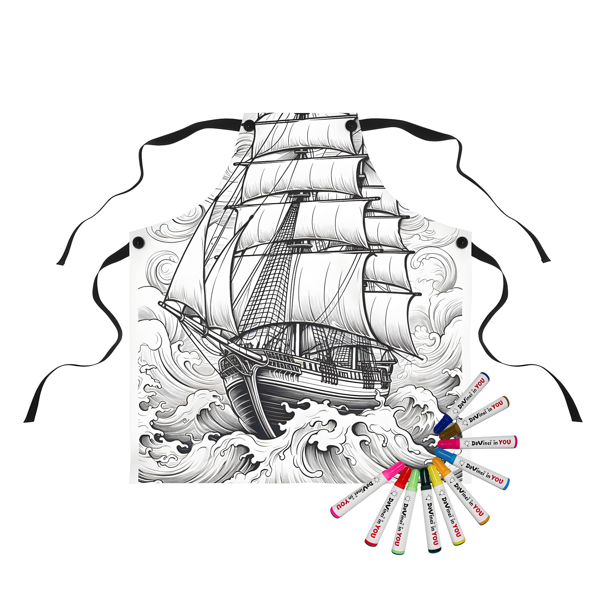 Intricate nautical sailboat illustration on colorful apron