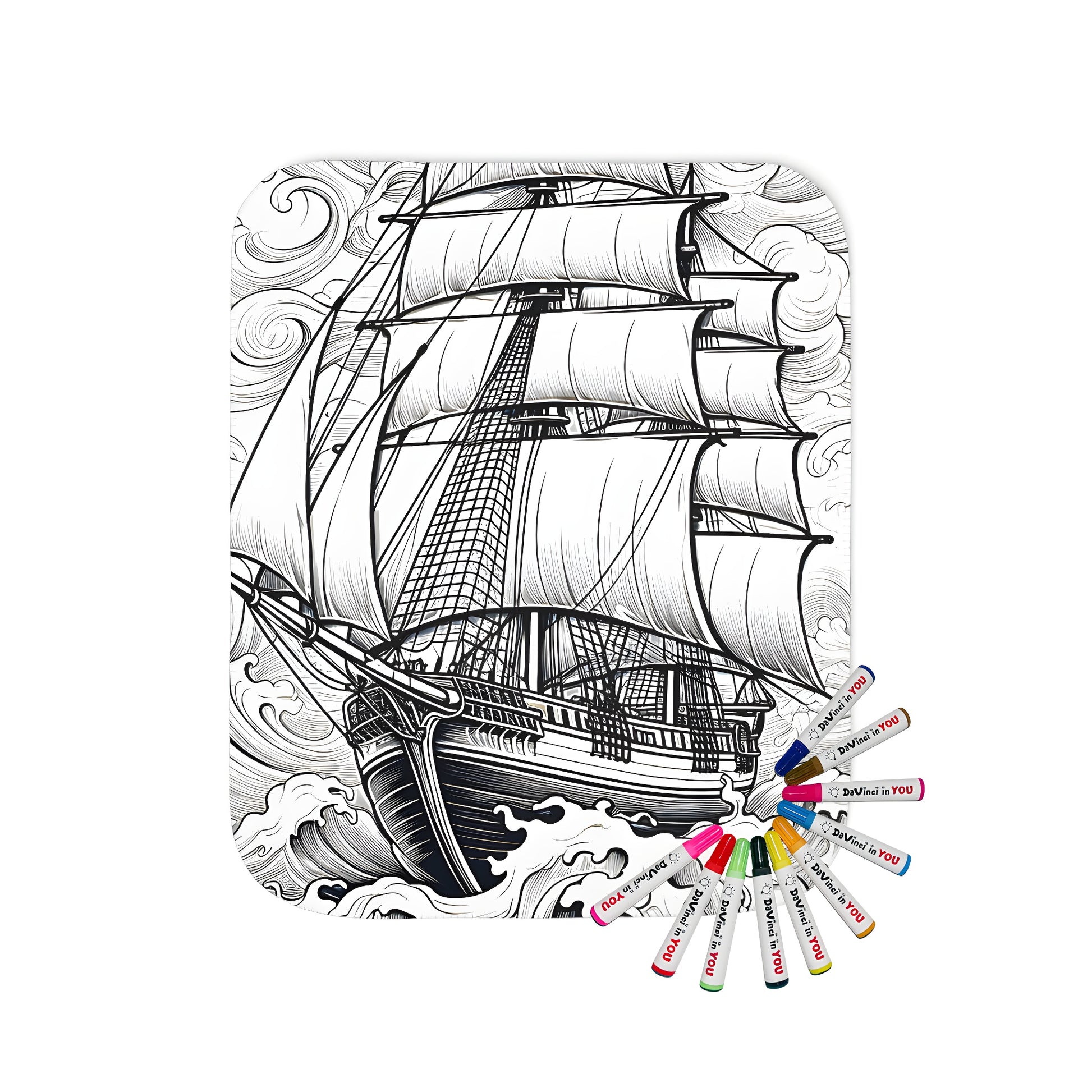 Cozy blanket featuring an intricate black-and-white sailing ship illustration, braving stormy waves and surrounded by clouds.