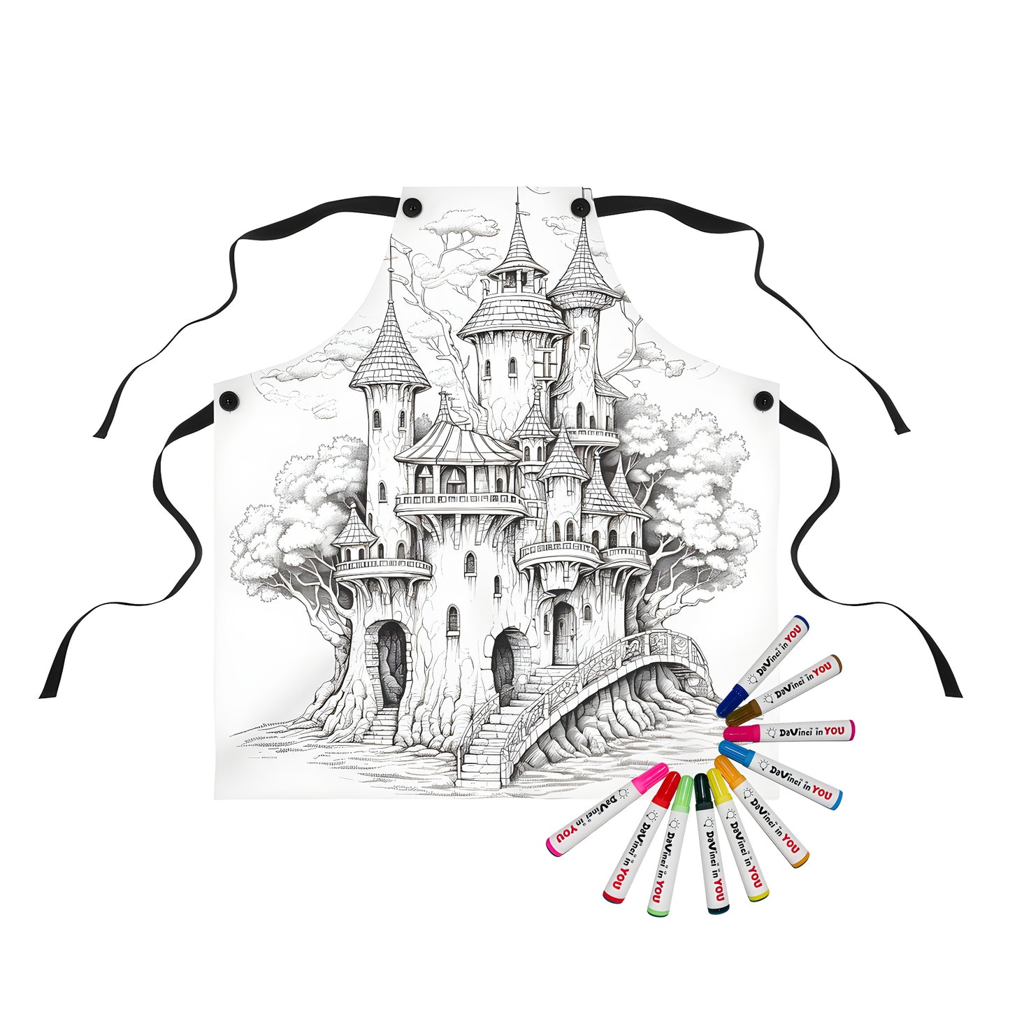 Whimsical apron featuring an enchanting treehouse castle design with intricate details and vibrant colors