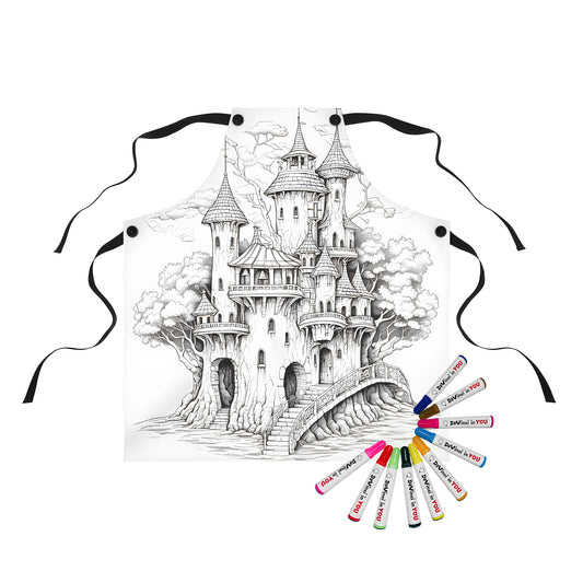Whimsical apron featuring an enchanting treehouse castle design with intricate details and vibrant colors
