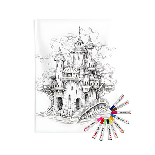 A whimsical treehouse castle illustration on an indoor wall tapestry