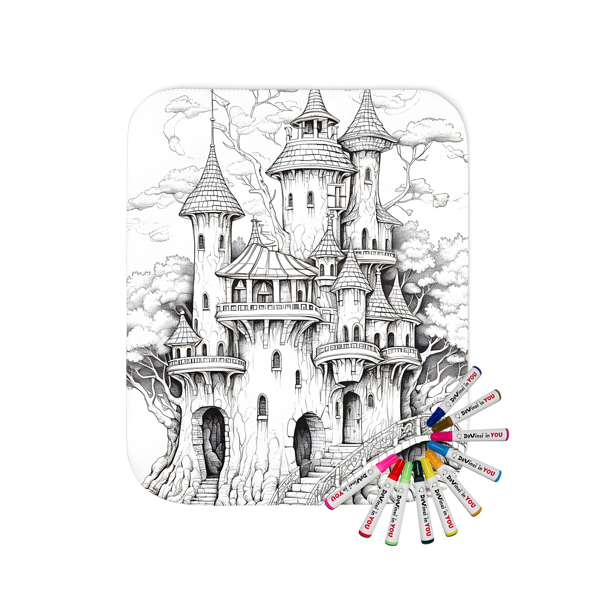 Cozy blanket featuring a whimsical treehouse castle design with intricate details and vibrant colors. Made for relaxation and fun