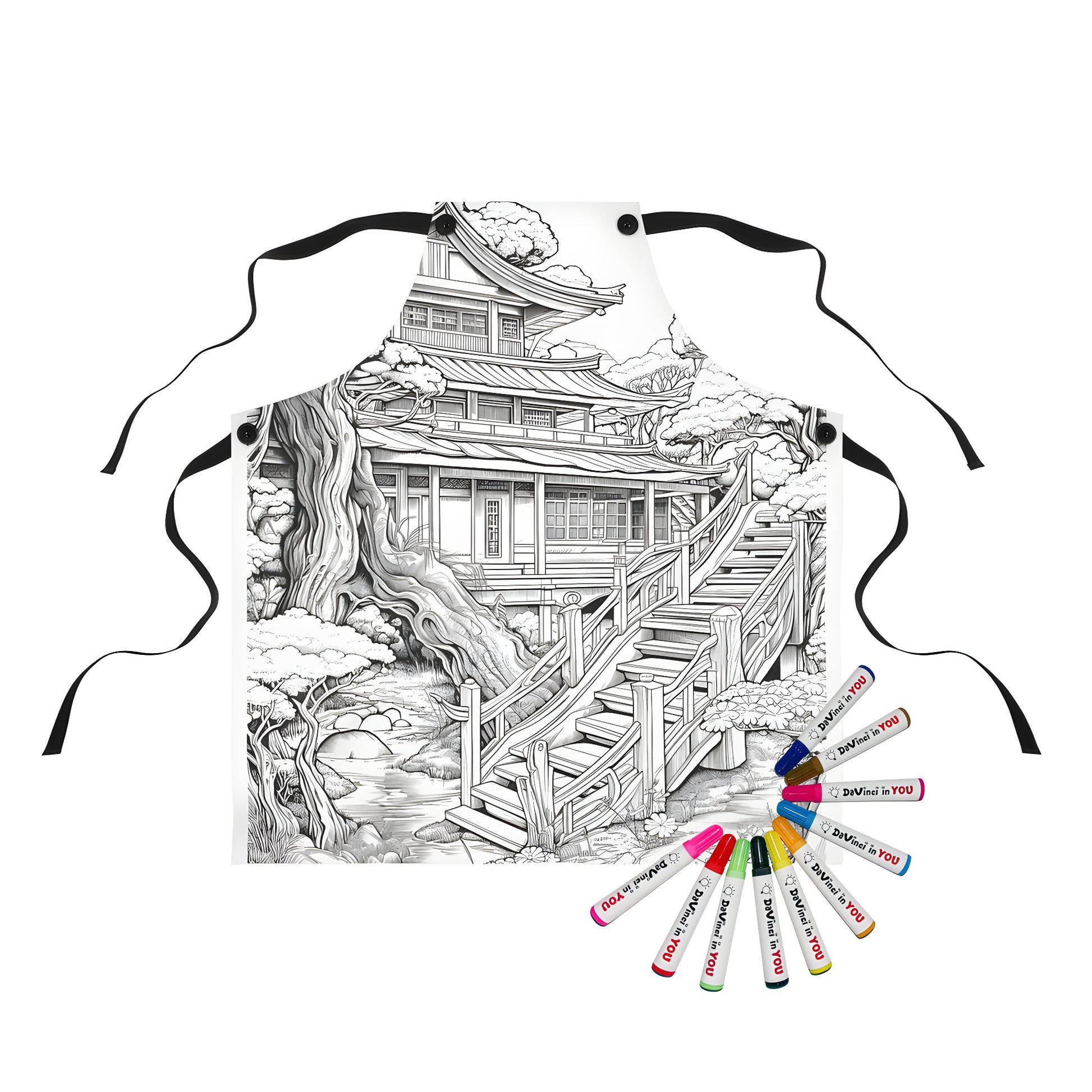 Detailed outline drawing of Japanese-style house with wooden staircase, trees, garden, and stream on colorful apron