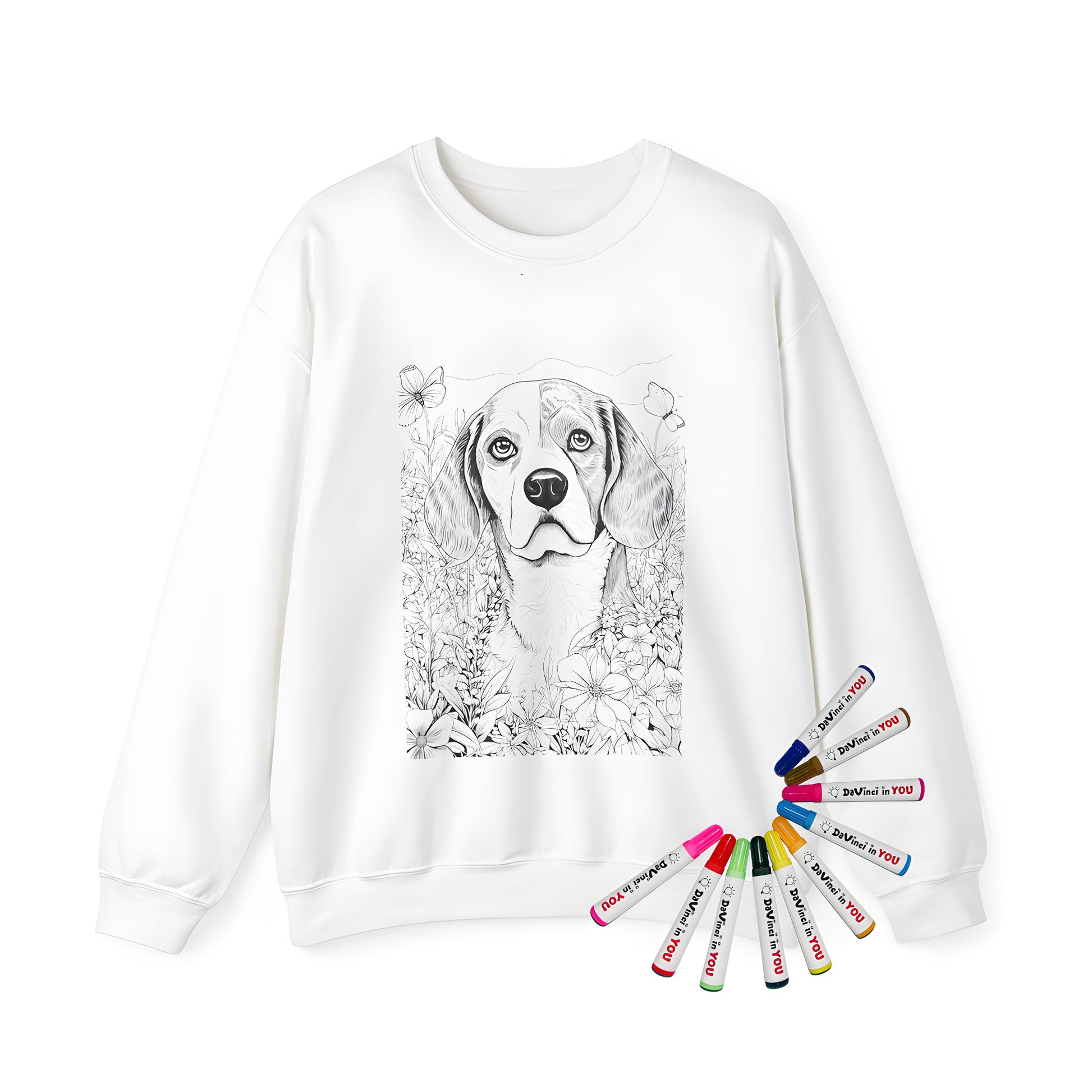 Adult sweatshirt with an intricate black and white beagle illustration surrounded by flowers, perfect for dog lovers and coloring enthusiasts