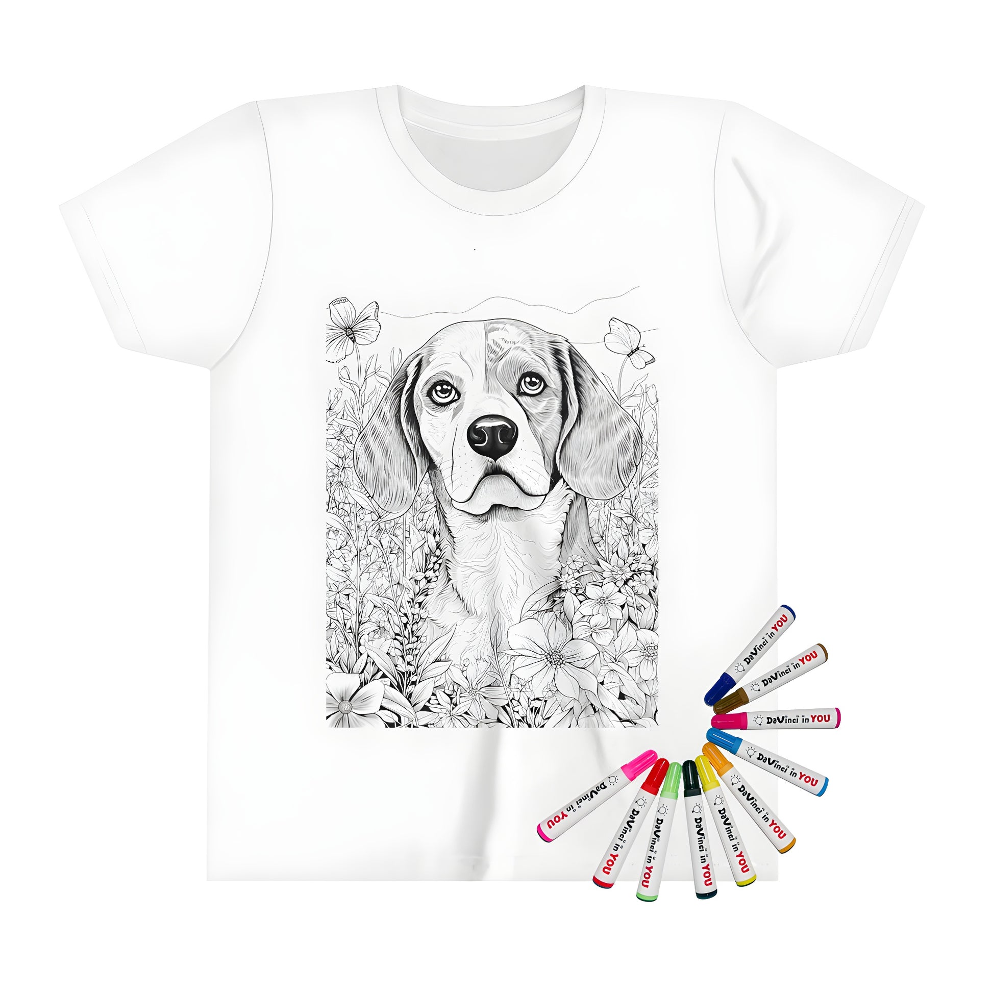 A close-up of a kid's t-shirt featuring an intricate black and white illustration of a beagle surrounded by flowers, designed as a coloring page