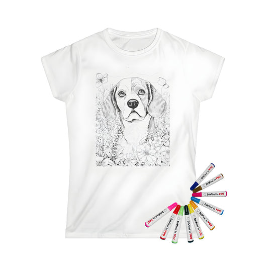 Women's graphic t-shirt featuring a cute hound dog illustration surrounded by vibrant flowers. Cartoon beagle face in floral patterns on a colored tee.