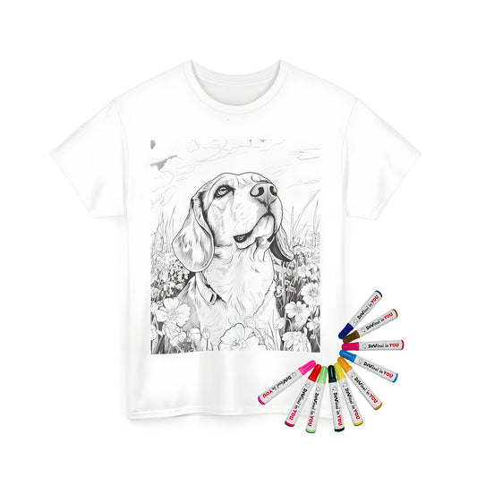 Dog in meadow t-shirt illustration, man woman unisex tee