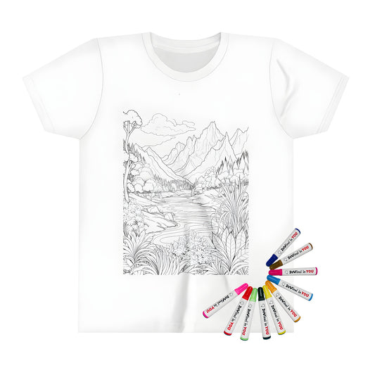 Kid's Mountain Landscape Graphic T-Shirt Illustration with Forest, Trees, and Water