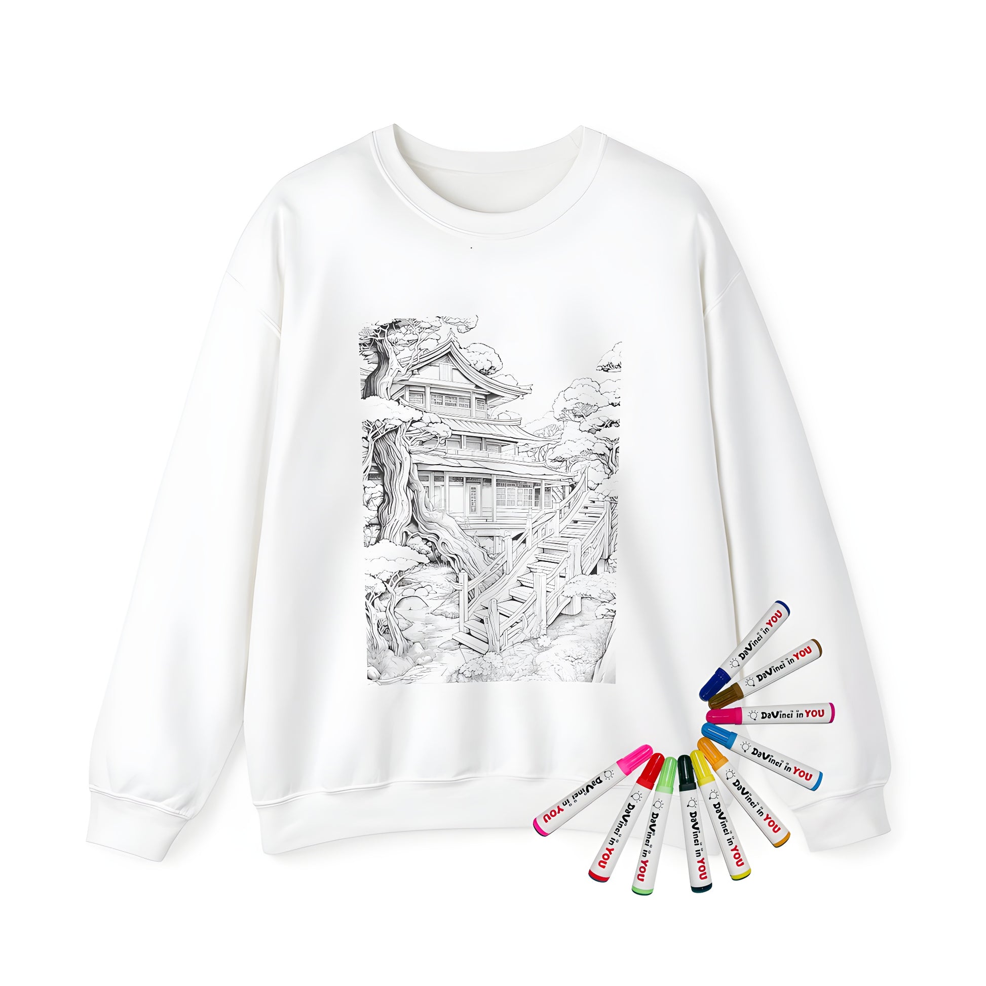 Adult sweatshirt featuring a traditional Japanese-style house design with intricate details and colorful fabric markers