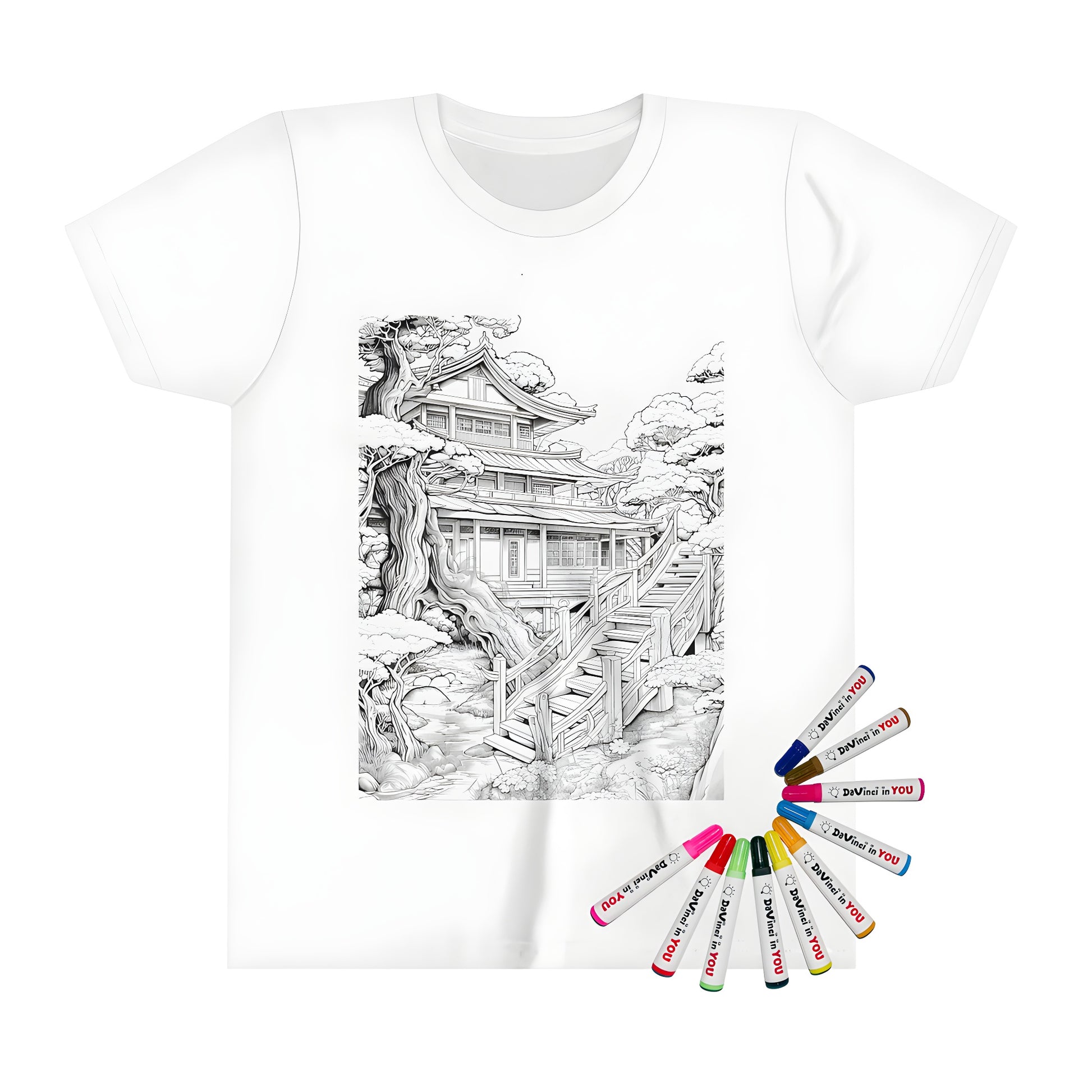 Detailed outline drawing of a traditional Japanese-style house on a colorful kid's t-shirt