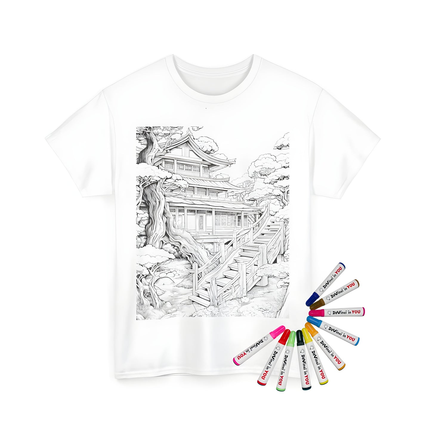 Traditional house drawing on Unisex t-shirt with coloring kit and fabric markers