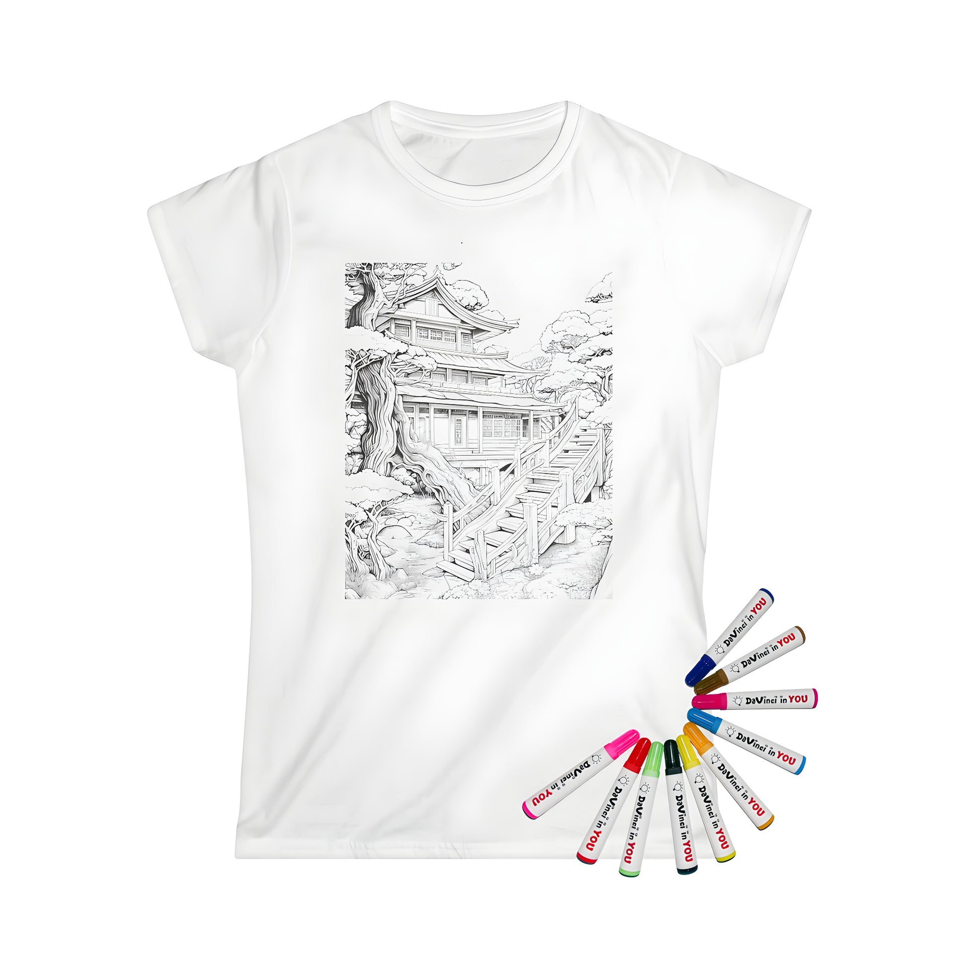 Women's t-shirt with intricate traditional Japanese house design and garden features