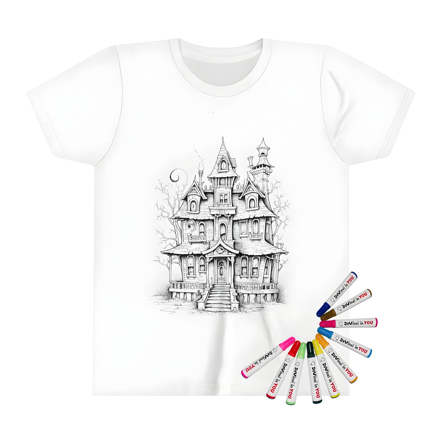 Spooky mansion, haunted house, gothic mansion, creepy house kid's t-shirt, coloring page design