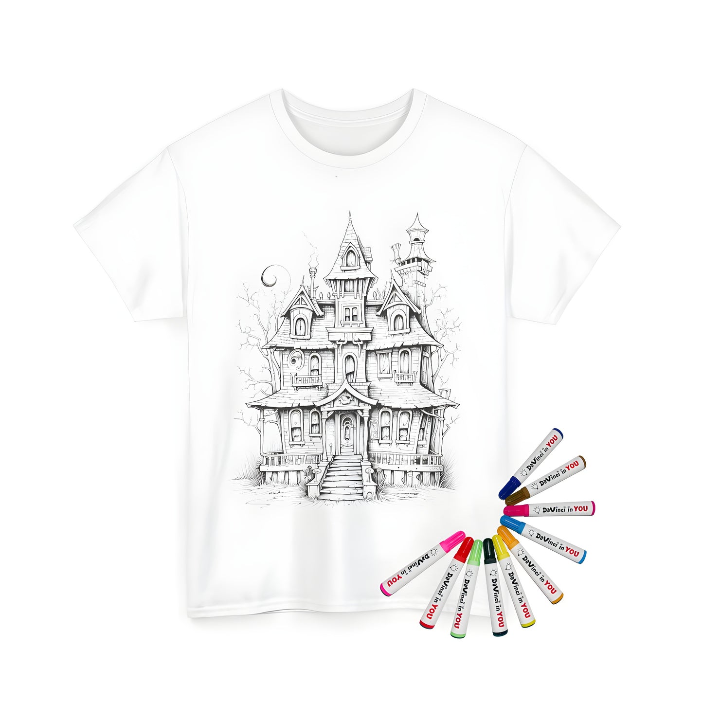 Unisex t-shirt featuring a detailed black and white drawing of a haunted house, spooky mansion scene, gothic abode, haunted castle, eerie atmosphere