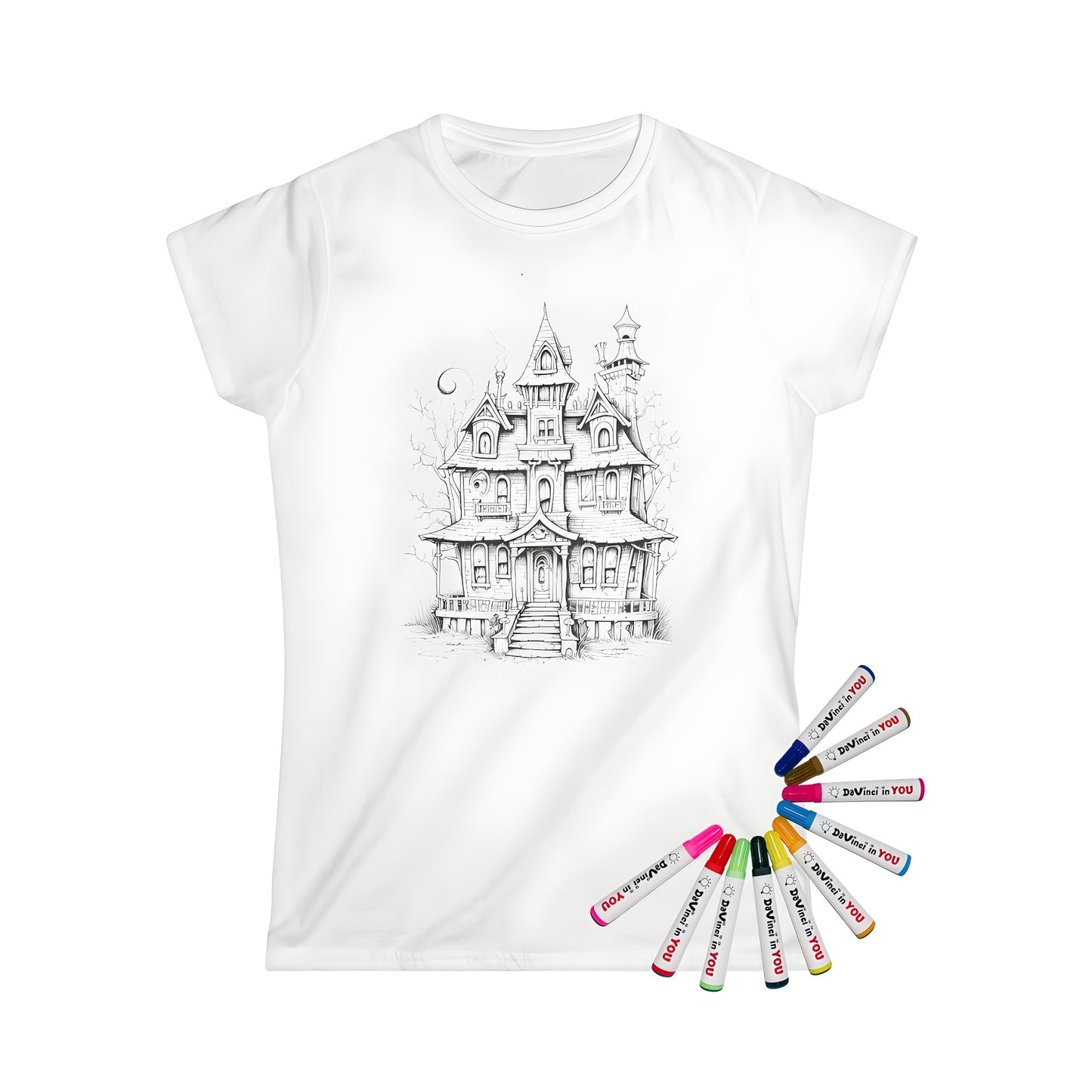 Women's t-shirt with spooky mansion design featuring detailed black and white drawing of haunted house