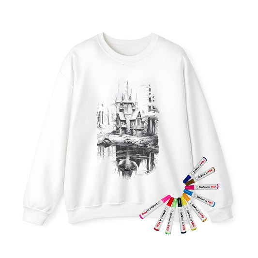 Adult sweatshirt featuring a detailed gothic castle design with turrets and a forest setting