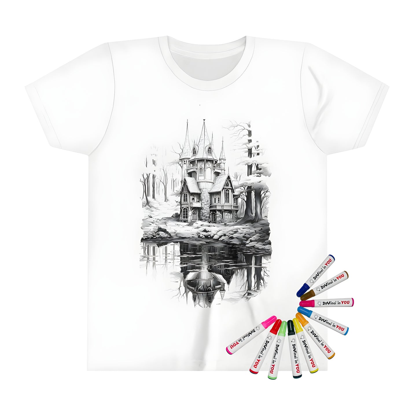 Kid's T-shirt featuring an enchanting castle design with towers and turrets, surrounded by lush forest and reflected in serene lake waters