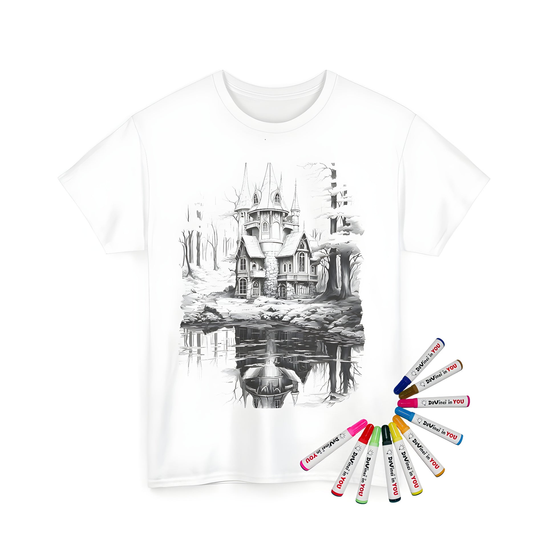 Gothic manor house, castle design on unisex t-shirt with forest and lake reflection.