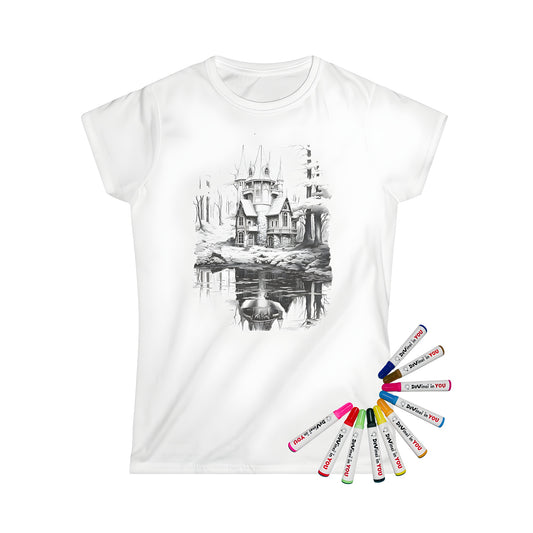 A detailed black and white gothic manor house design on a women's t-shirt with a forest setting and reflection in a serene lake scene