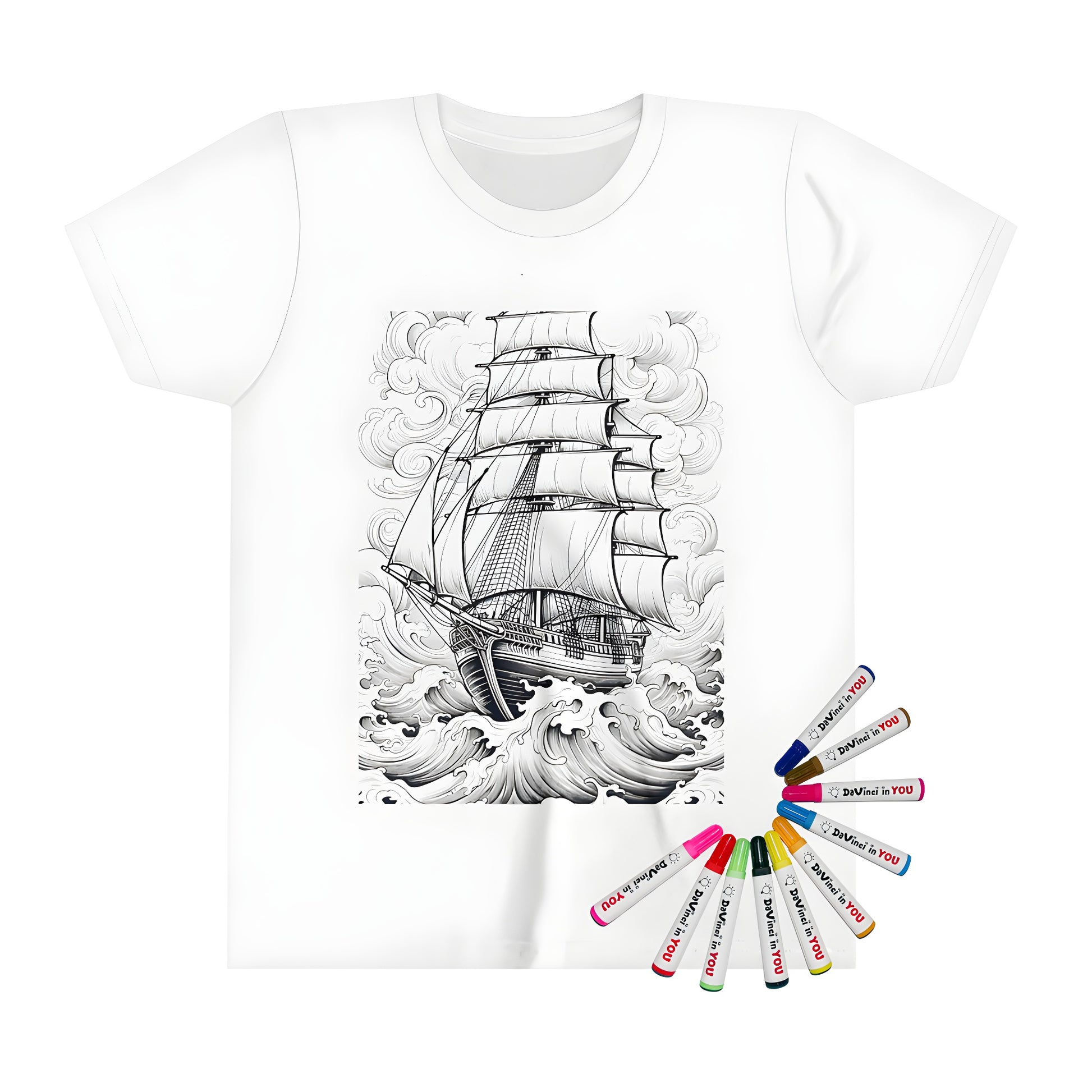 Kid's T-shirt featuring an Intricate sailing vessel illustration of a ship braving stormy waves, surrounded by swirling clouds