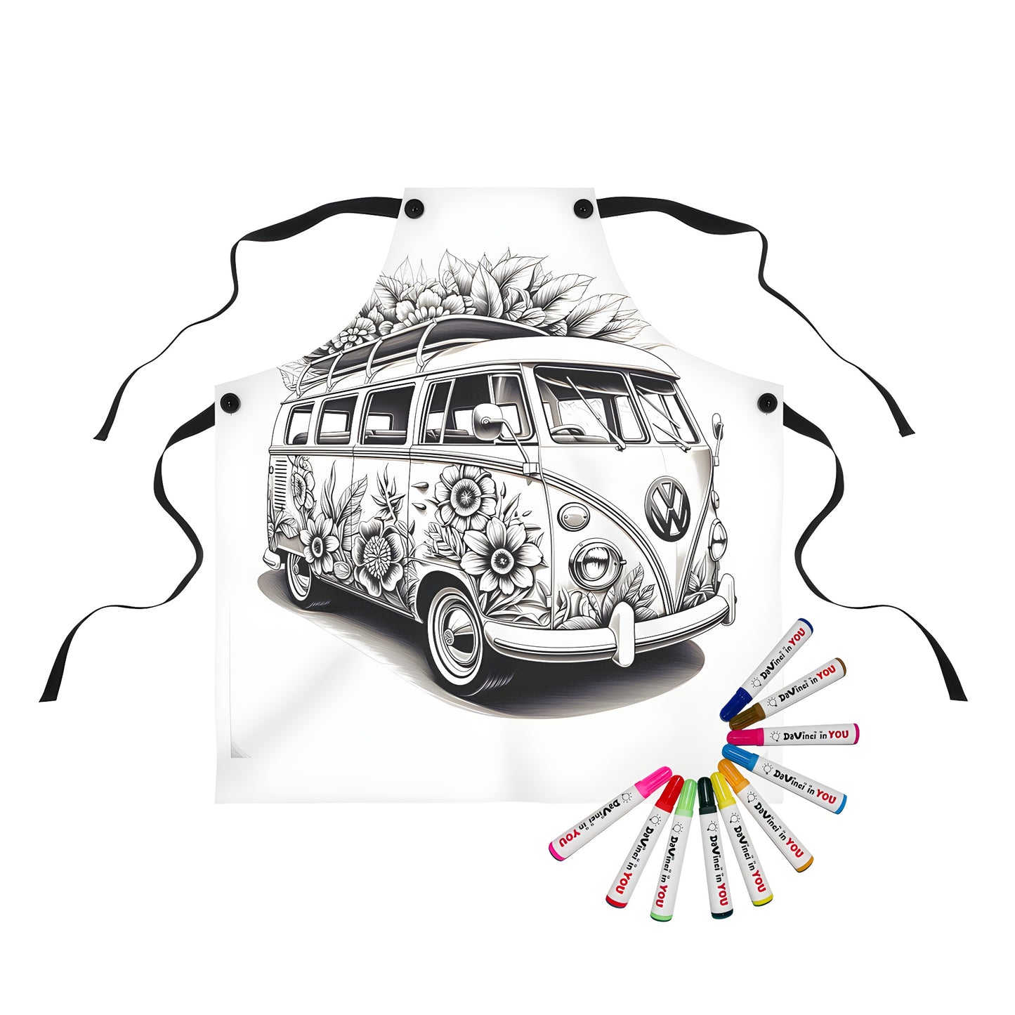 Colorful apron featuring a unique VW van design with intricate floral patterns on a black and white background.