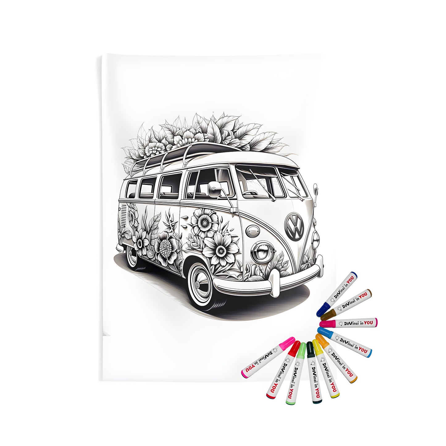 Vintage VW camper van tapestry with intricate floral designs and flowers on the roof. Detailed black and white illustration.