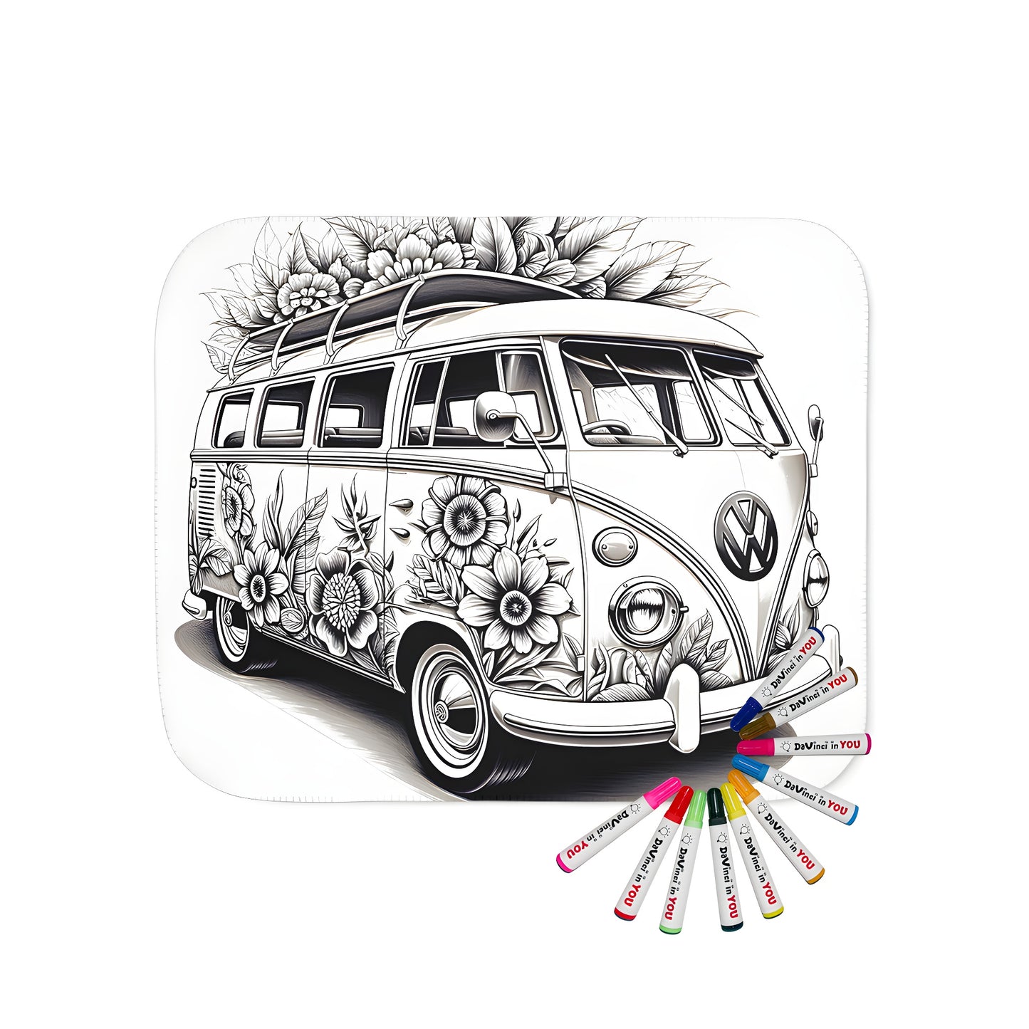 Floral Volkswagen camper van blanket, vintage VW bus comforter, psychedelic vehicle decor