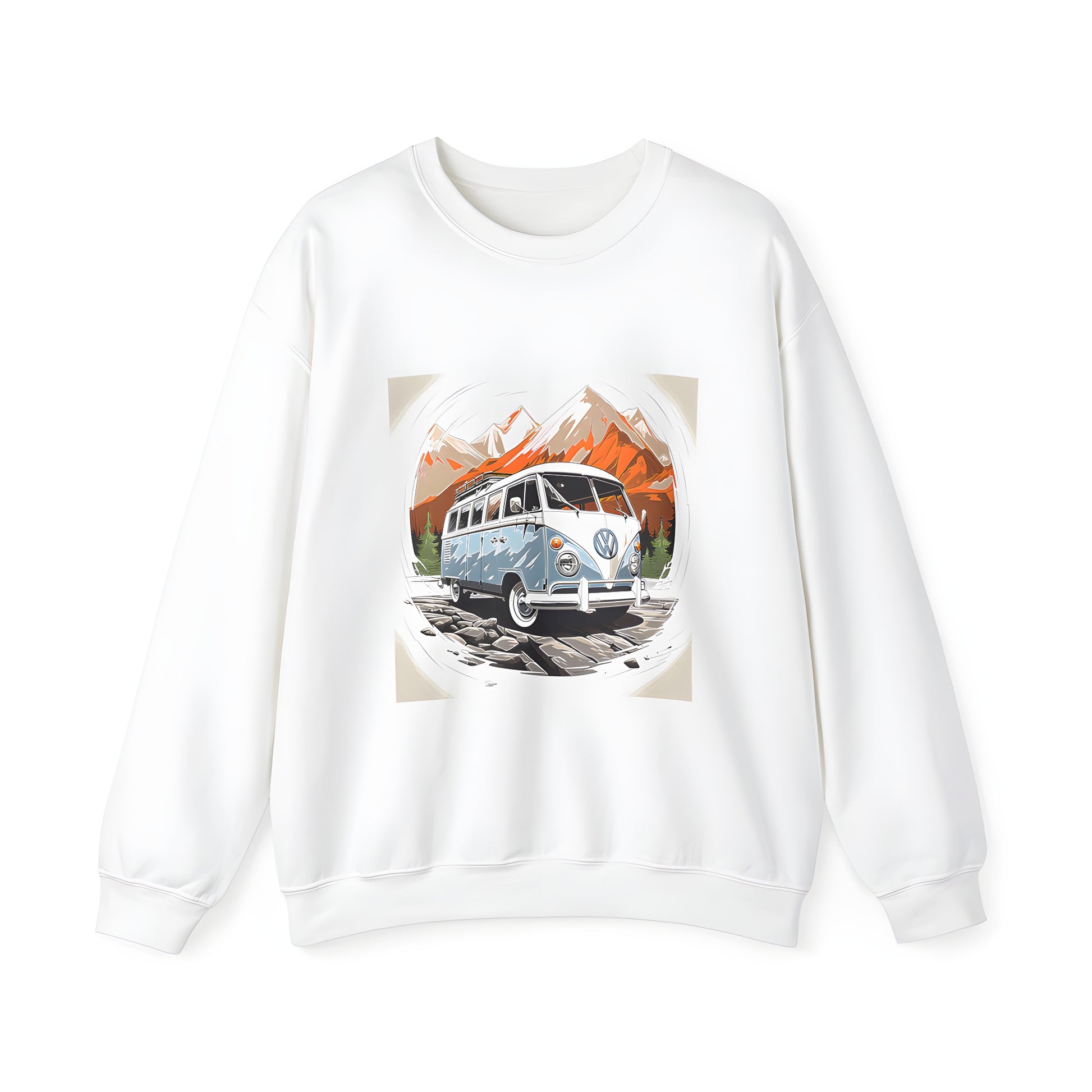 Adult Sweatshirt featuring a colorful vintage-inspired van illustration, perfect for outdoor enthusiasts and travel lovers