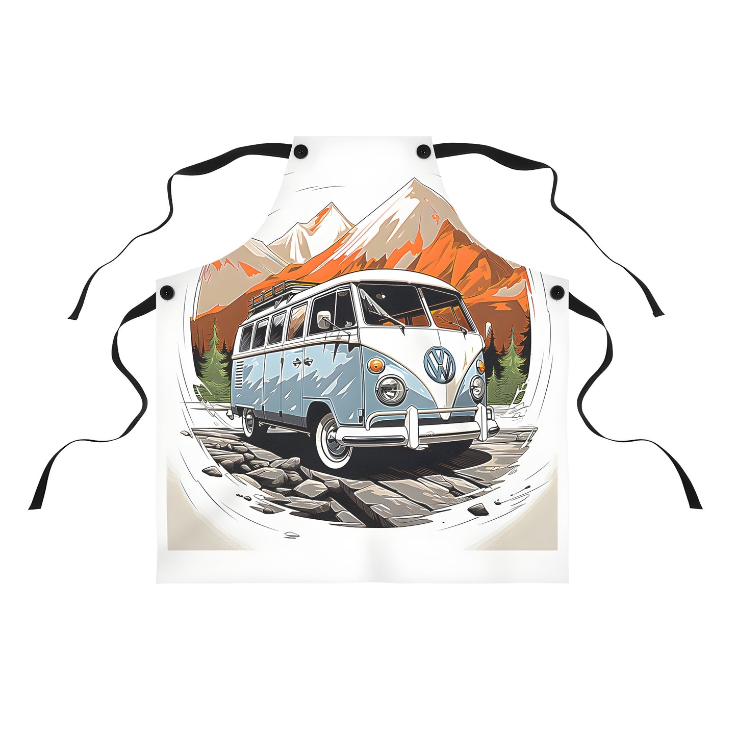 Colorful vintage car apron design featuring a retro style Volkswagen van parked in front of snowy mountains and trees