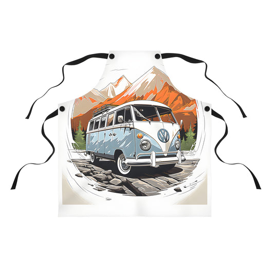 Colorful vintage car apron design featuring a retro style Volkswagen van parked in front of snowy mountains and trees