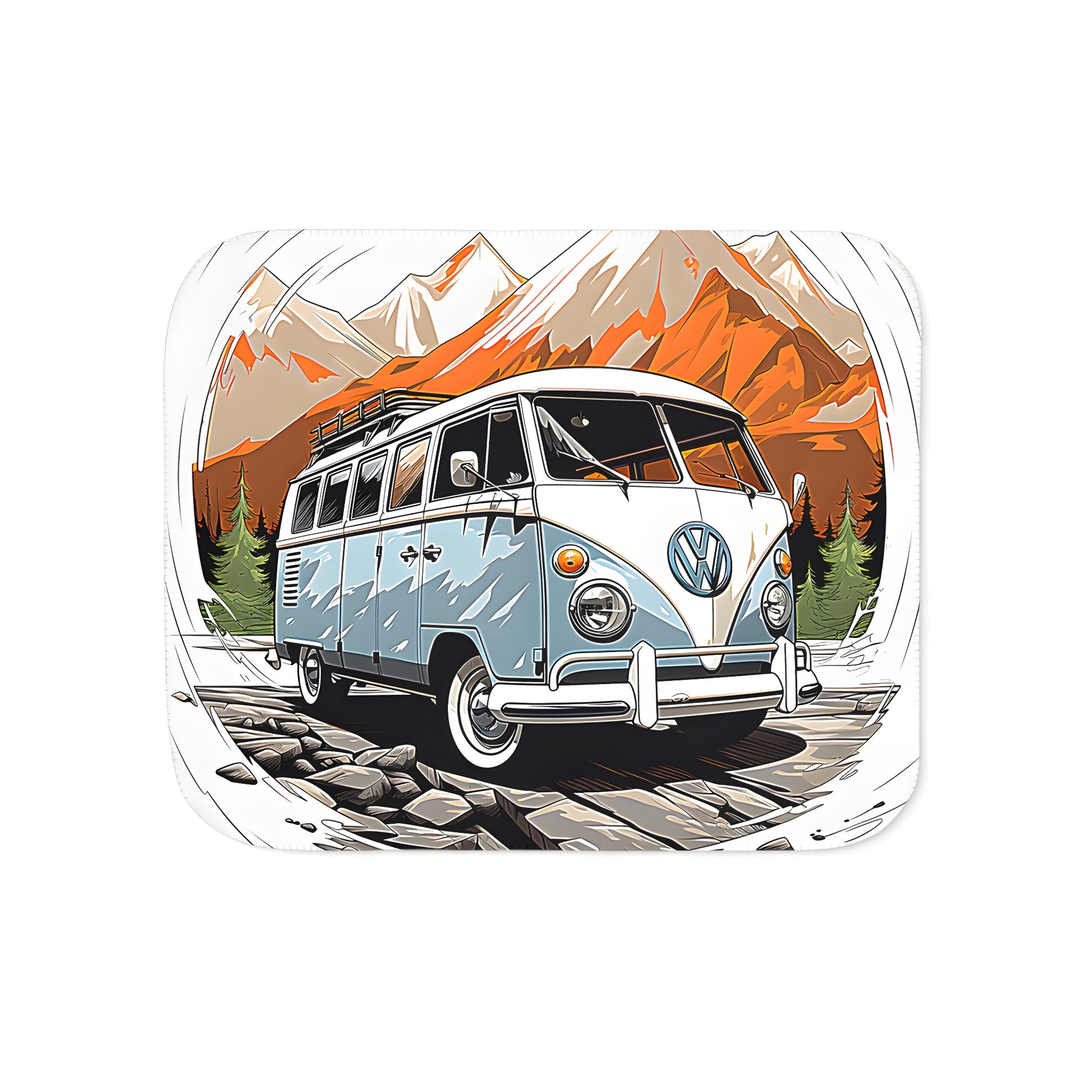 A cozy blanket featuring a colorful vintage-inspired van illustration against a serene snowy landscape