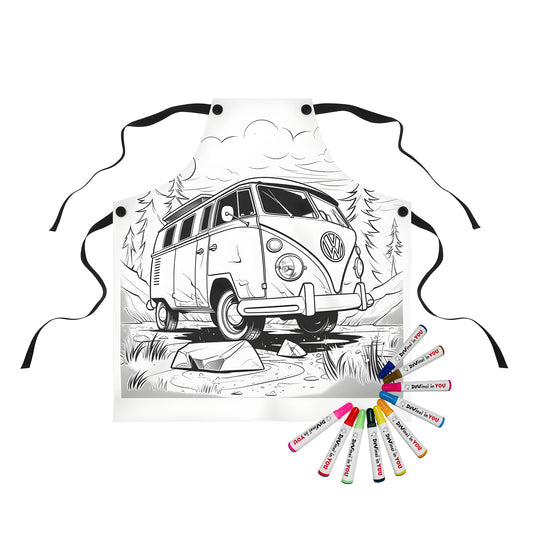 Apron featuring a colorful classic camper van illustration on a rocky road through a forest