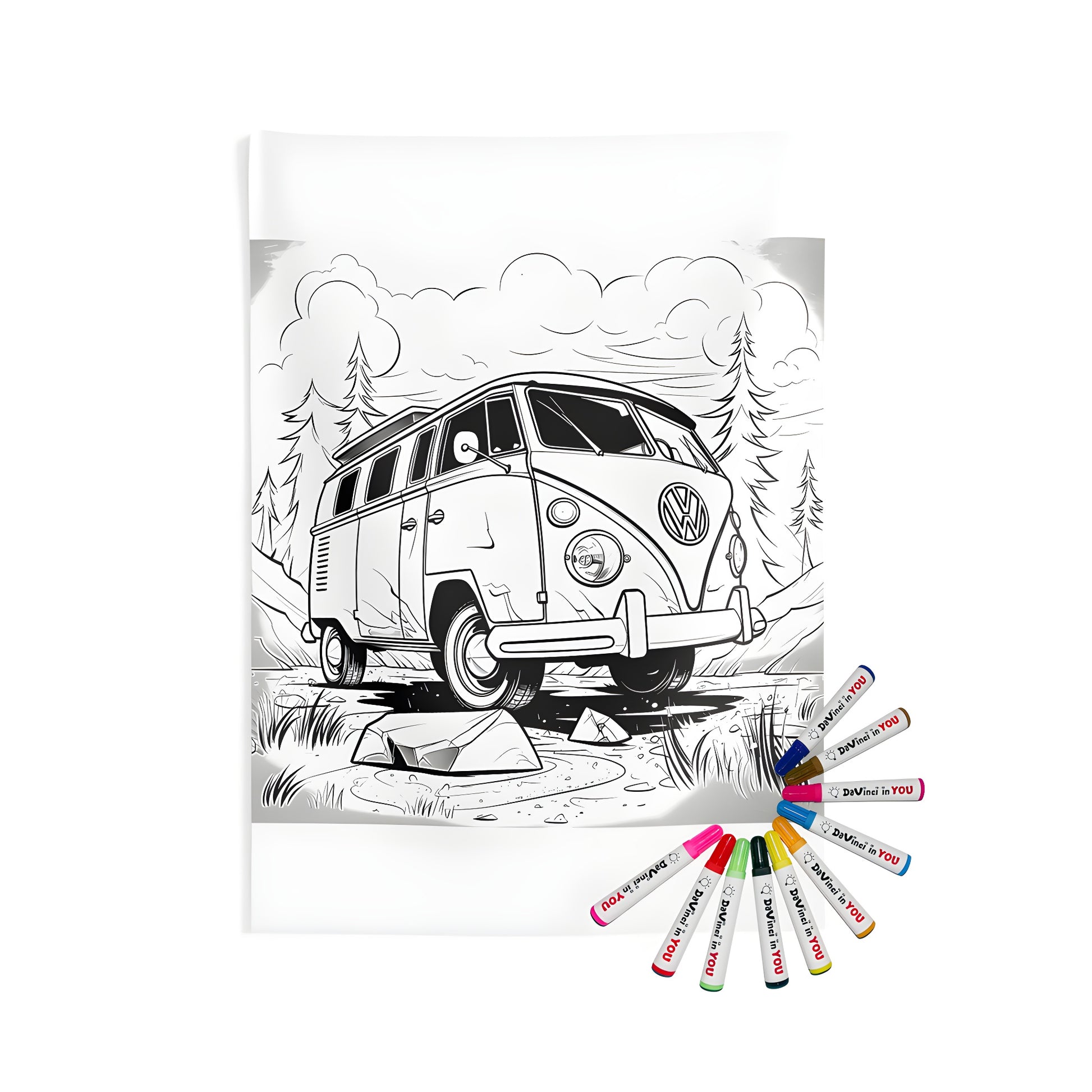 Vintage camper van wall tapestry, classic travel van home decor, bohemian interior design