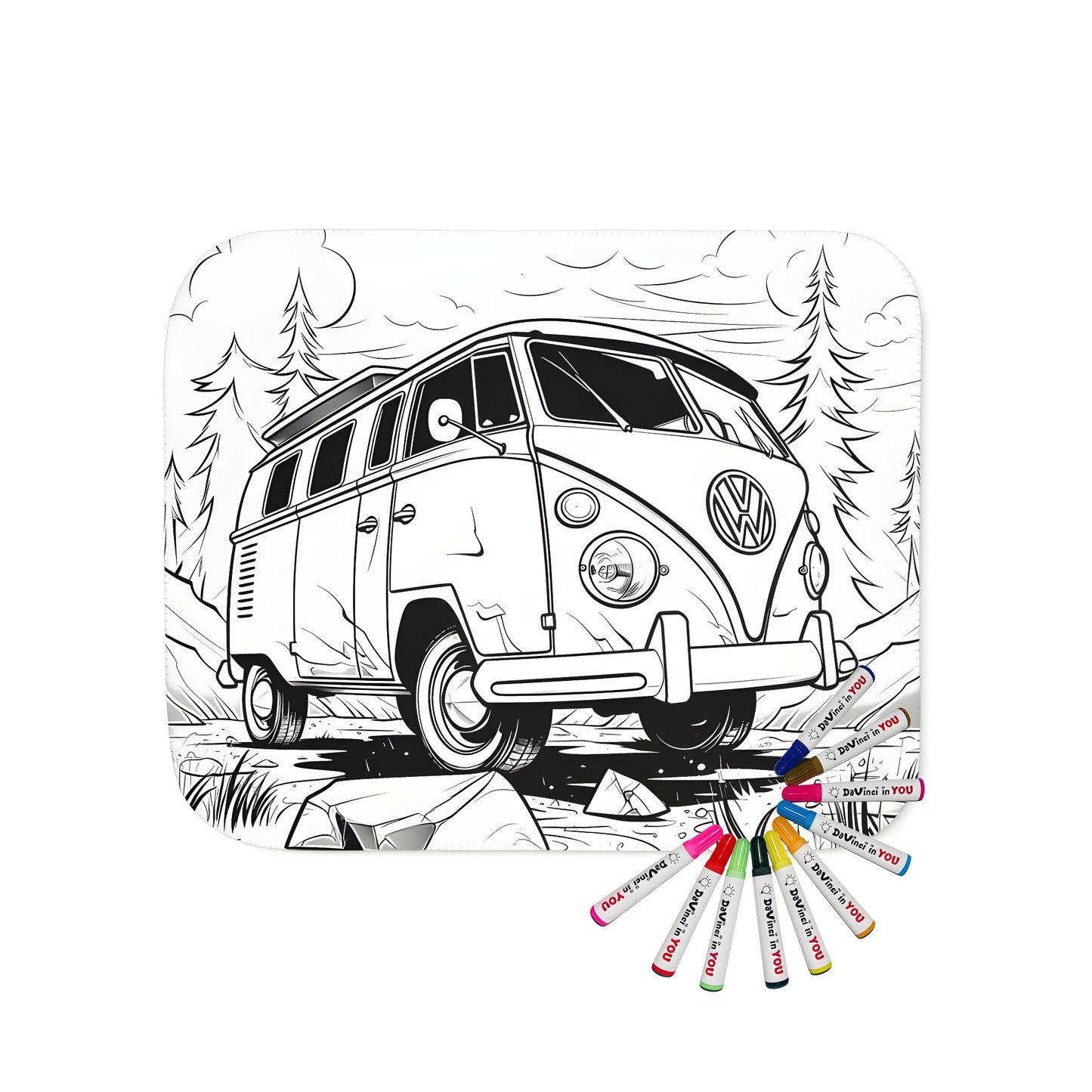 Cozy blanket featuring a vintage van illustration on a rocky terrain through a forest