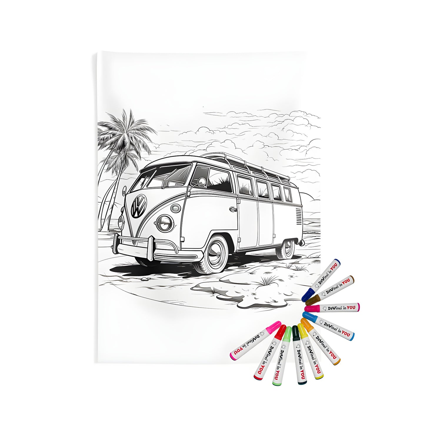 Vintage Van, Camper, or Hippie Bus Design Indoor Wall Tapestry - Coloring Kit for Adults