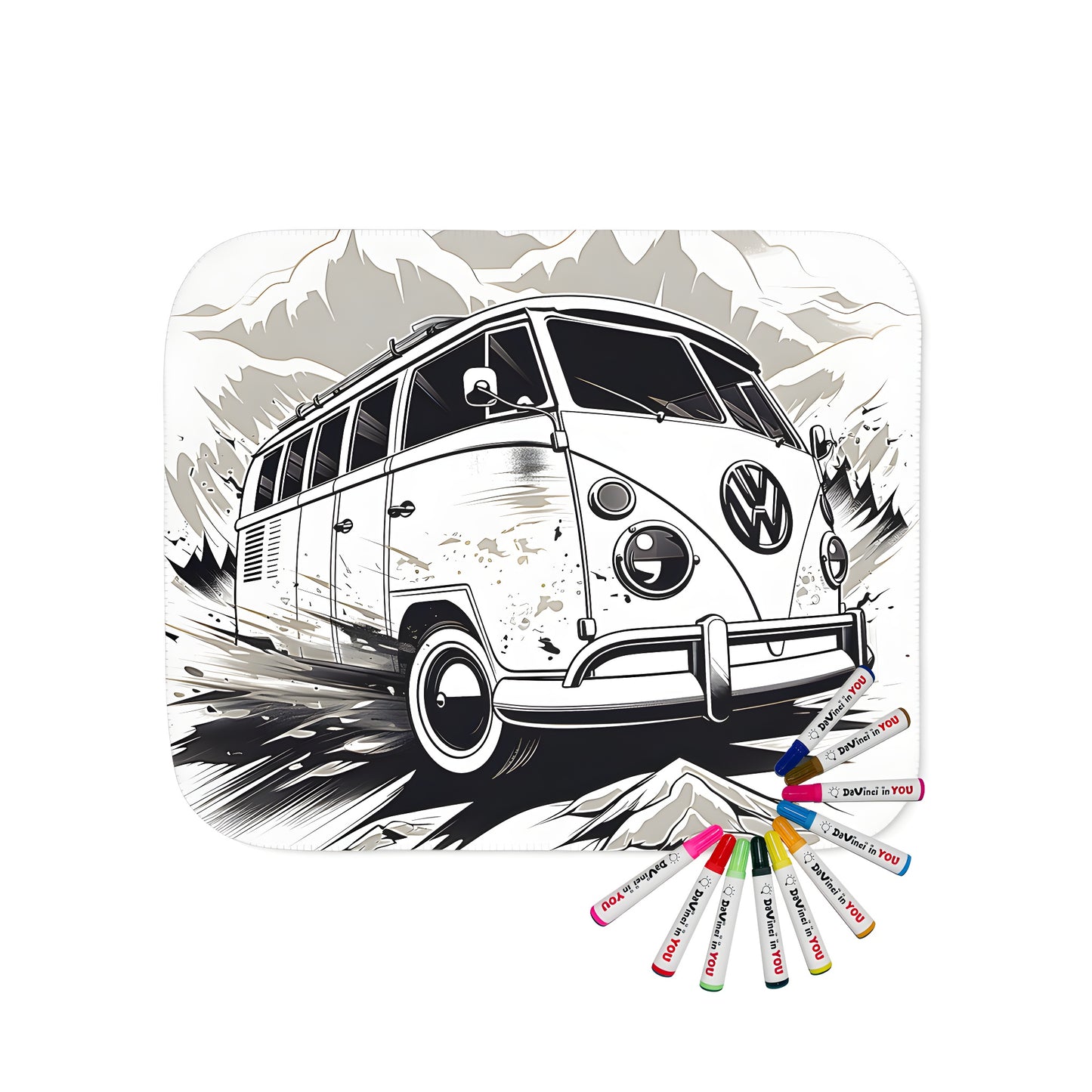 Vintage-style camper van blanket illustration, rugged mountain landscape and adventure-themed fabric art