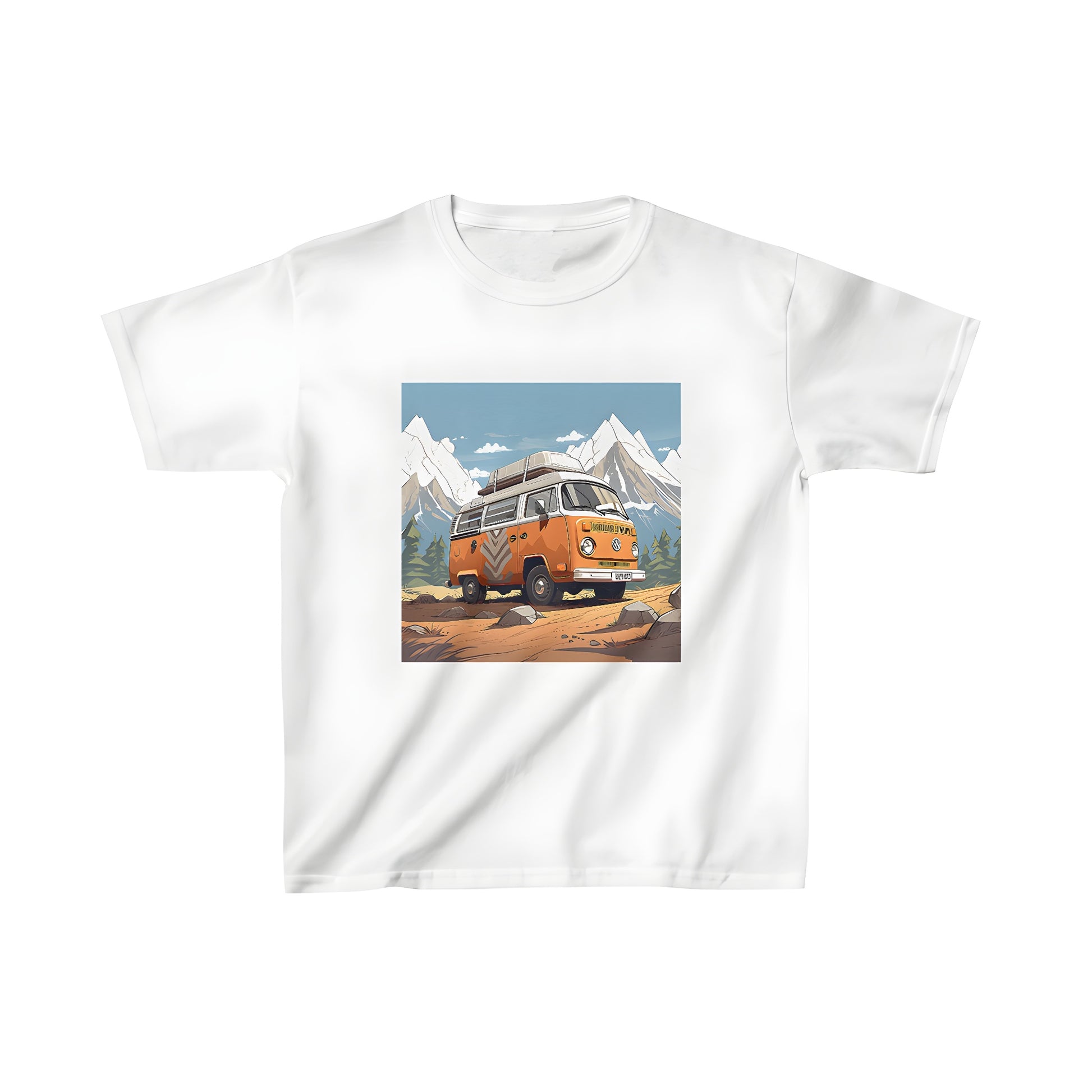 Vintage-style van apparel for kids, colorful t-shirt design featuring a scenic mountain landscape with an old van parked on the side of the road