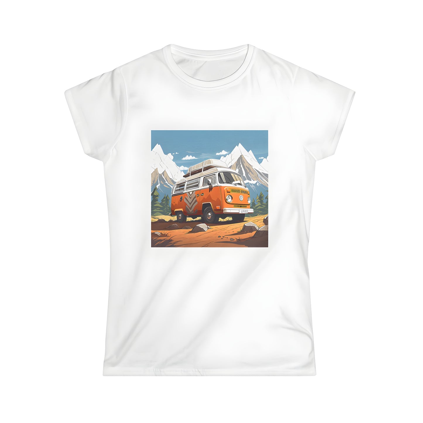 Women's t-shirt featuring a colorful vintage-inspired orange van design parked in a scenic mountain landscape.