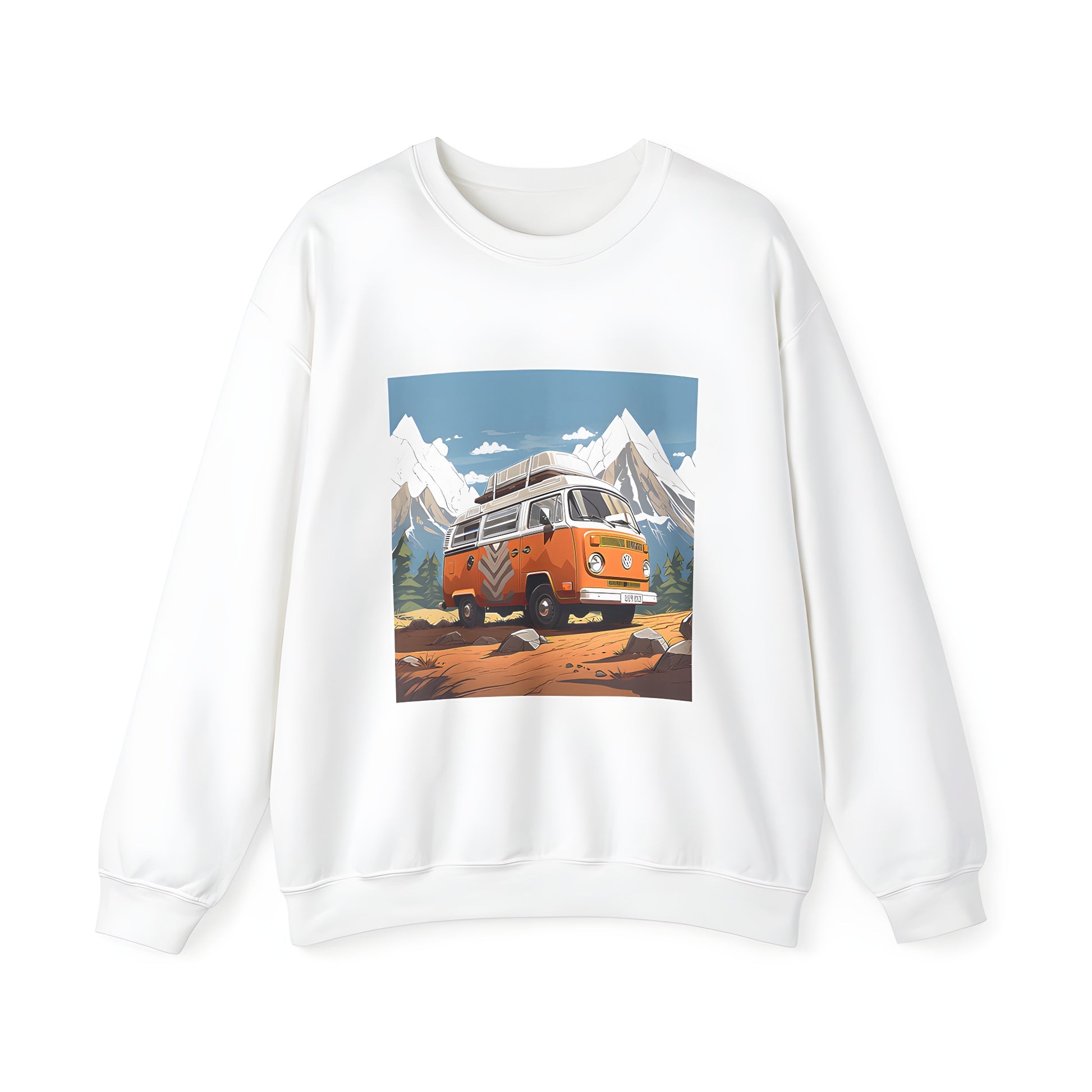 Adult Sweatshirt featuring a colorful vintage style van design in a scenic mountain landscape