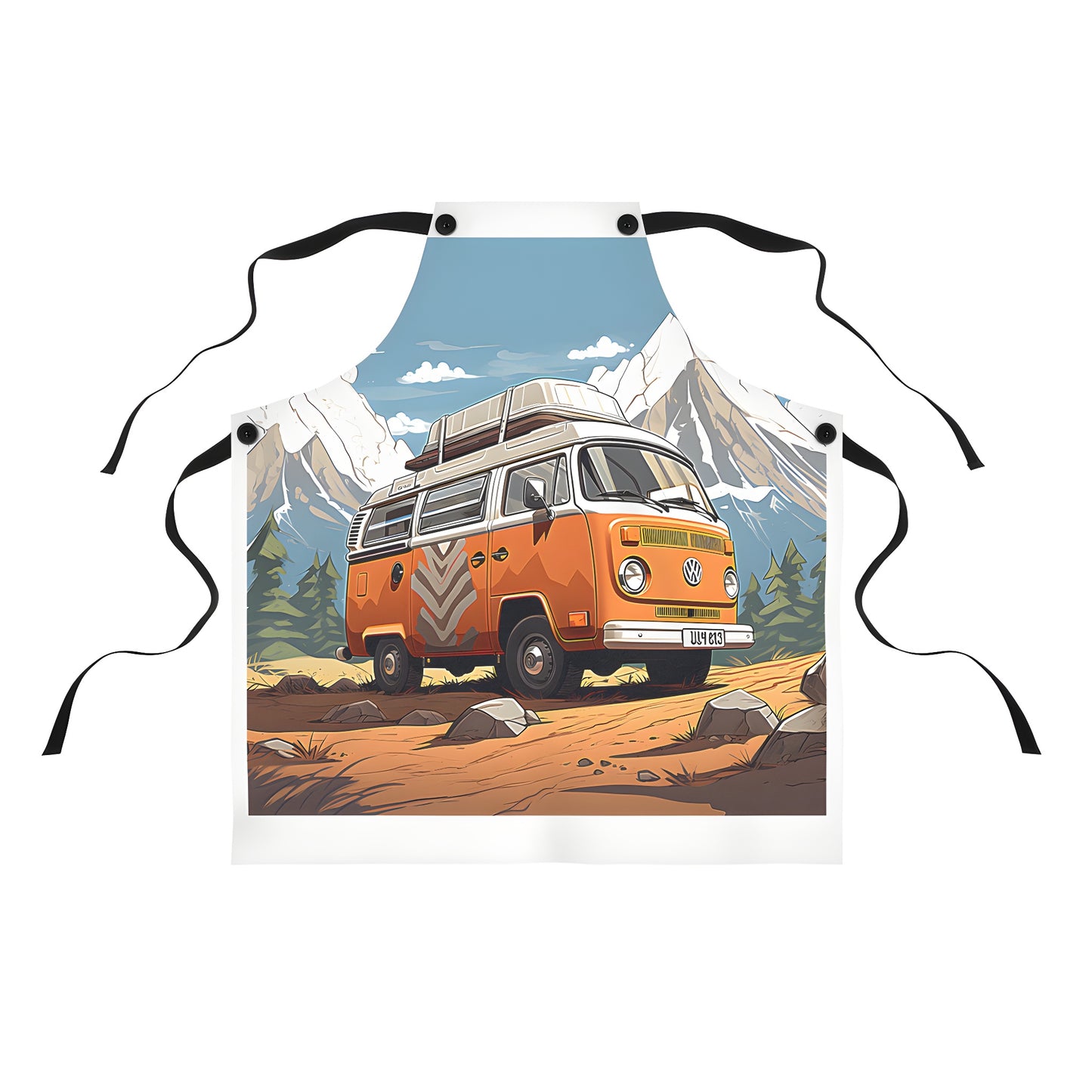 Colorful apron with a retro-style vintage camper van design. Perfect for outdoor enthusiasts who love adventure and nature.