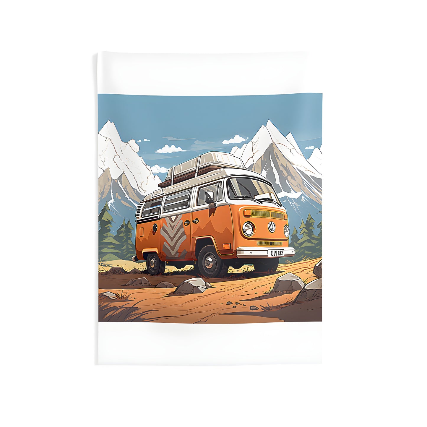 Indoor wall tapestries featuring a colorful vintage van and mountain landscape scene.