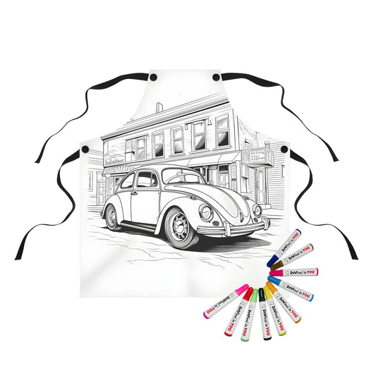 Vintage style car coloring apron for kids or adults, featuring a black and white illustration of a classic car parked on a city street