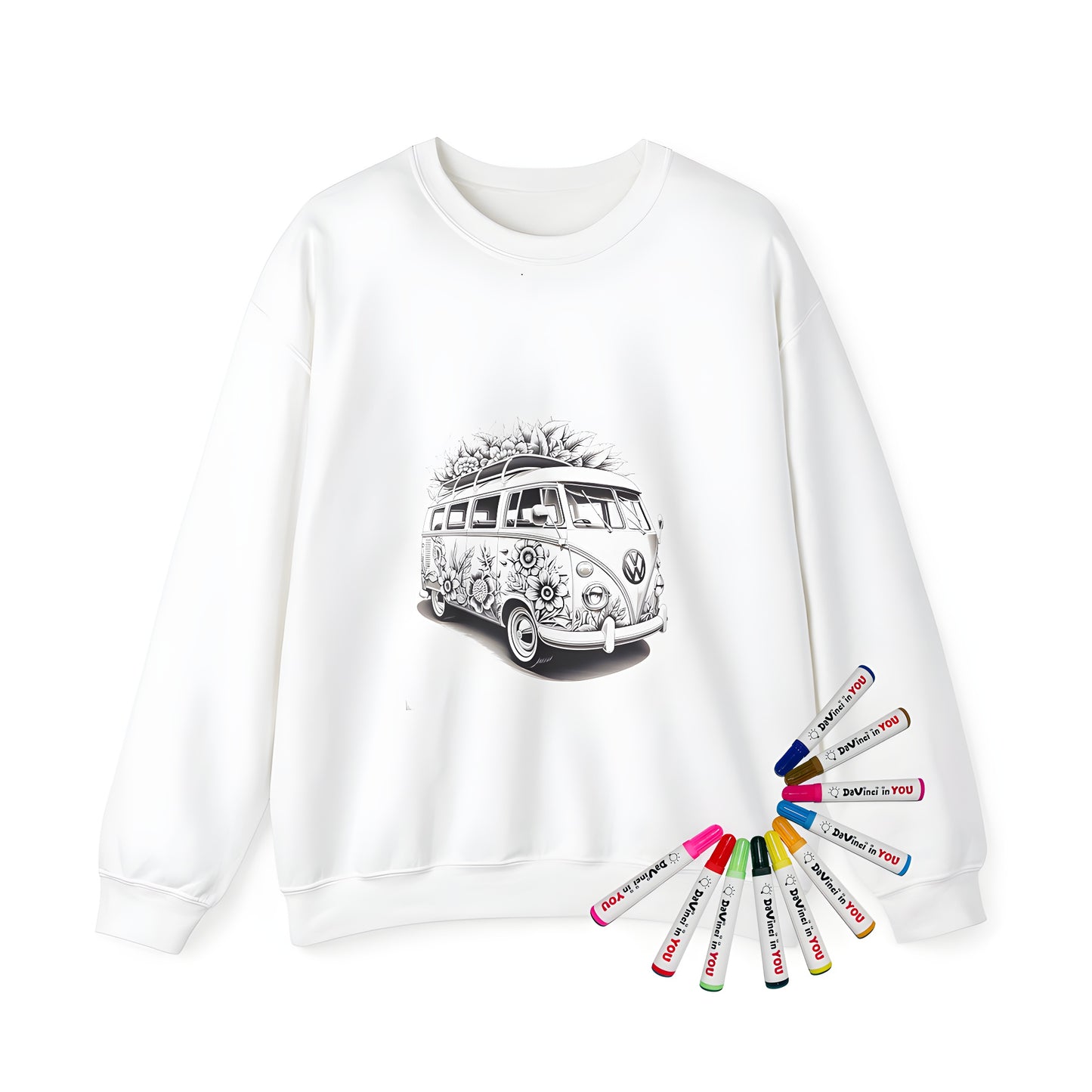 Adult sweatshirt featuring a colorful floral van design, reminiscent of a vintage Volkswagen bus, intricate details and flowers on the roof, perfect for enthusiasts of retro style and Volkswagen fans