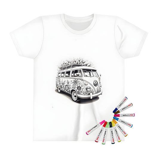 Floral van coloring kit t-shirt for kids with 10 fabric markers - black and white VW van drawing with intricate flowers and detailed retro design