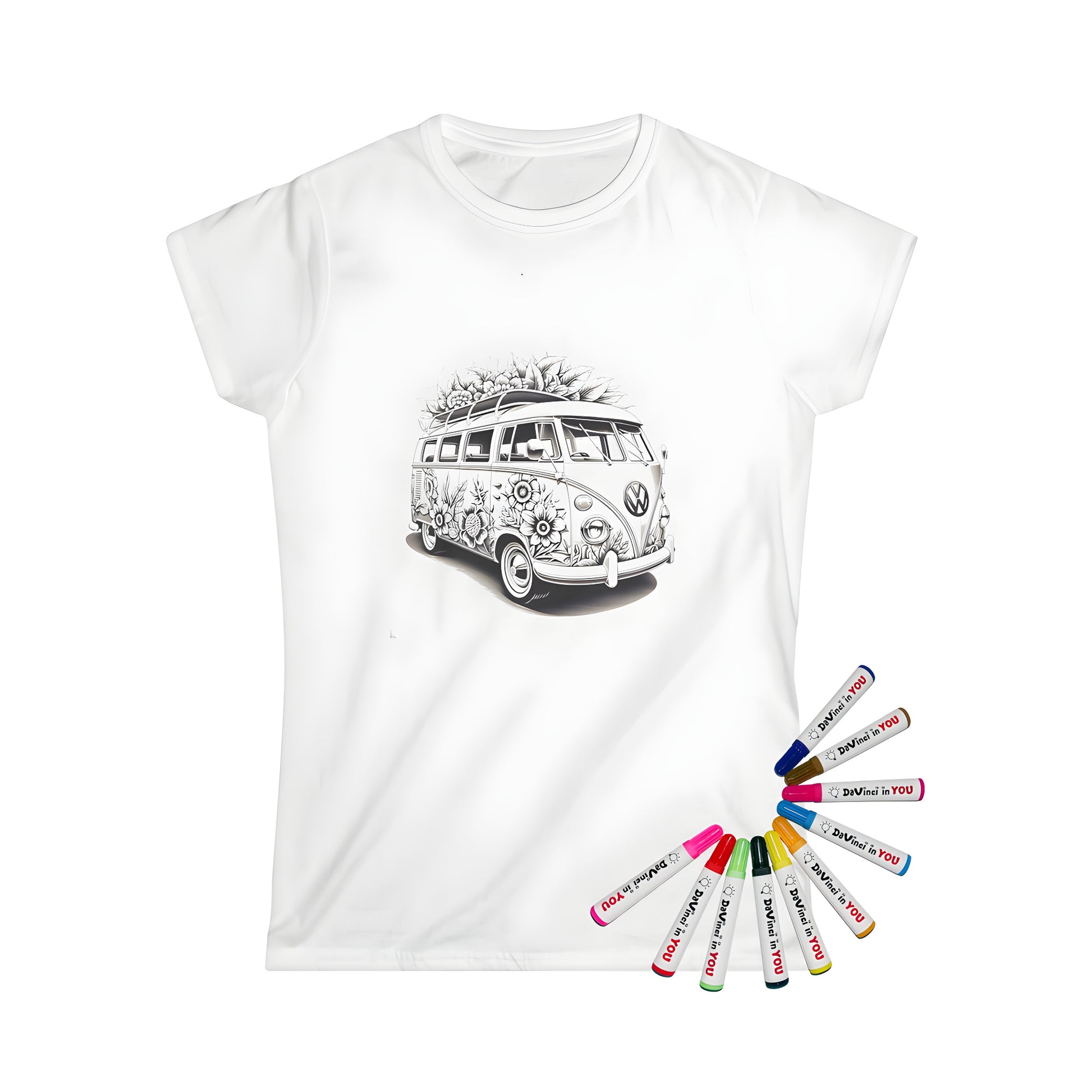 Women's T-shirt featuring a vintage-style floral van design, complete with intricate details and colorful flowers on the roof