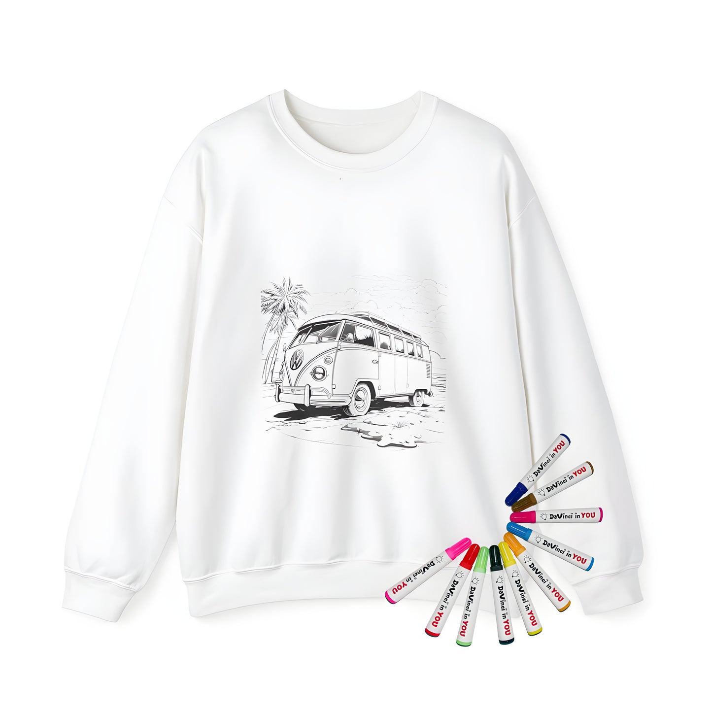 Adult sweatshirt featuring a detailed black and white drawing of a vintage van parked on a beach, with palm trees and a cloudy sky, perfect for car enthusiasts and coloring page fans