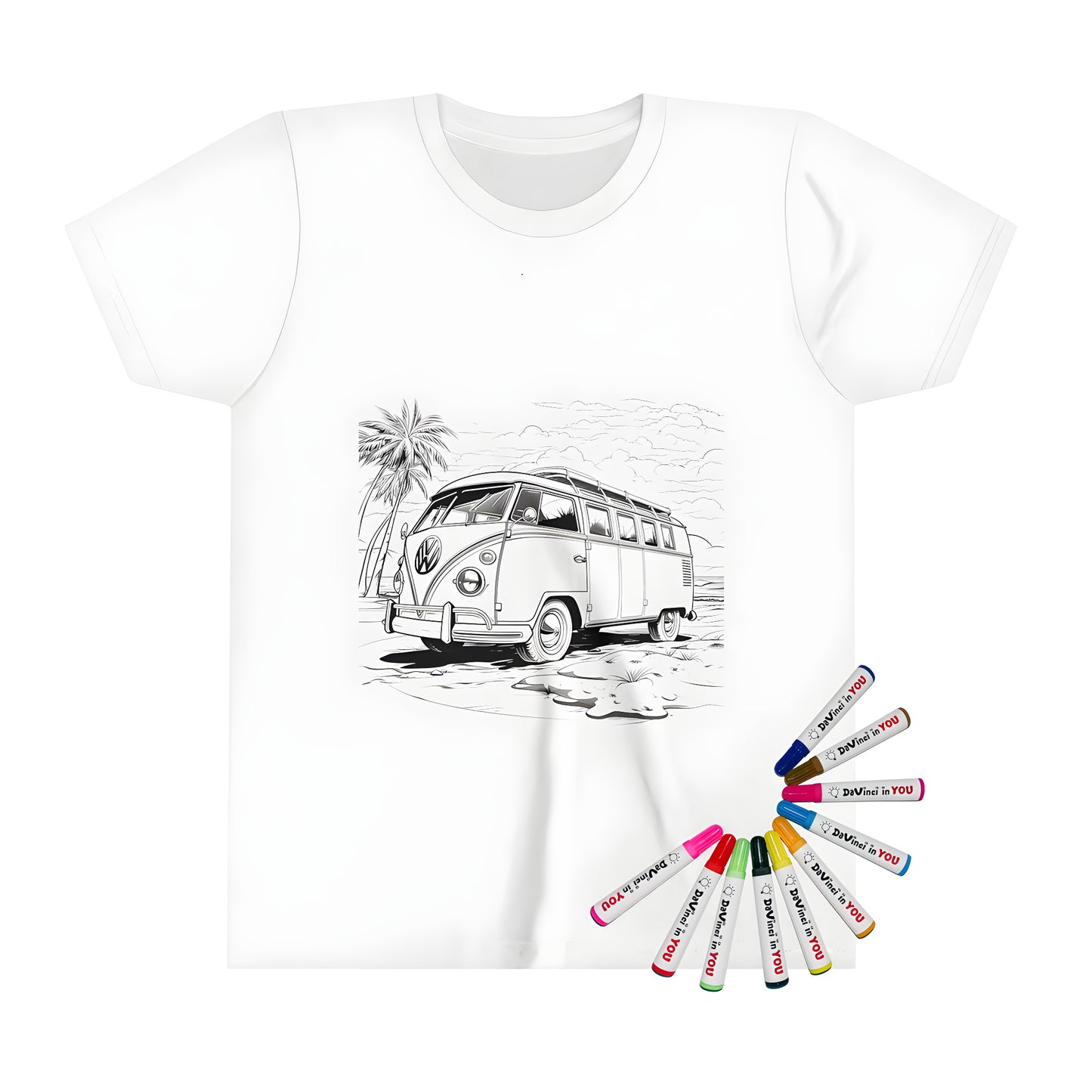 Colorful kid's t-shirt featuring a vintage camper van illustration parked on a beach scene