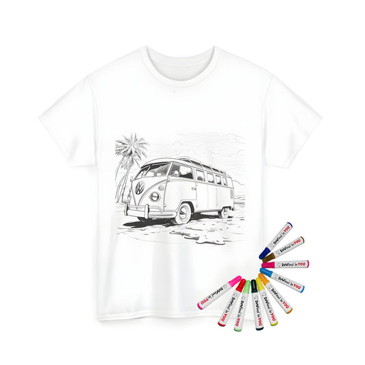 Unisex t-shirt featuring vintage camper bus design, colorful palm trees and cloudy sky on beach background