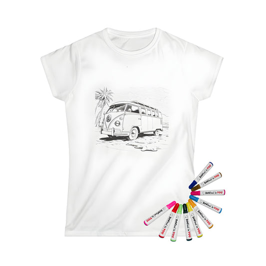 Vintage Van Coloring Kit for Women's T-shirt, including 10 Fabric Markers - A detailed black and white drawing of a classic camper van parked on a beach with palm trees and clouds